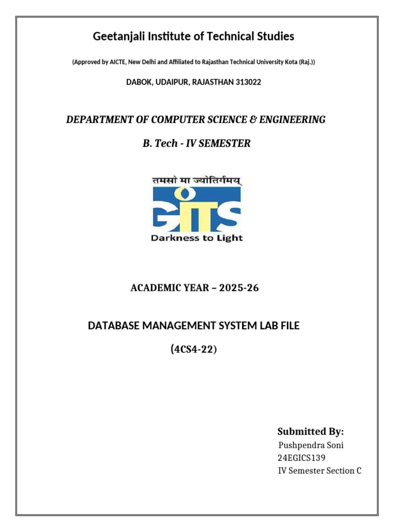 1.Front Pages_dbms Lab File | PDF | Databases | Computer Science