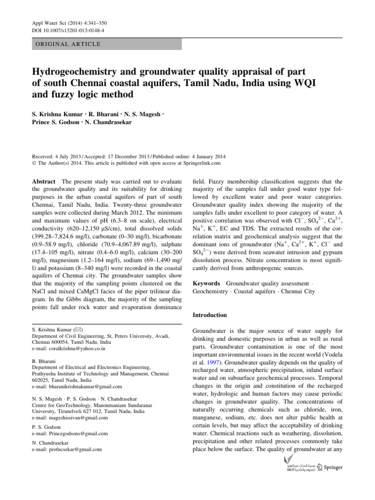 Hydrogeochemistry and Groundwater Quality Appraisal of Part | PDF ...