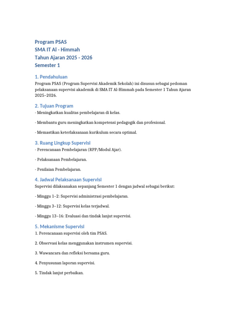 Program PSAS SMA IT Al Himmah 2025 2026 Semester1 | PDF