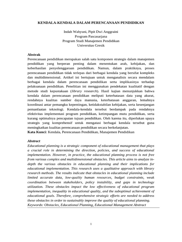 Artikel Kendala-kendala Dalam Perencanaan Pendidikan | PDF