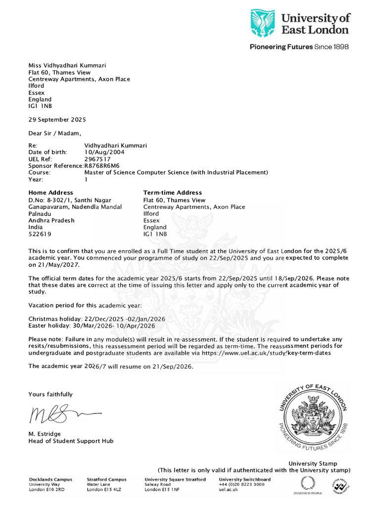 Vidhyadhari Kummari - 2967517 Status Letter | PDF