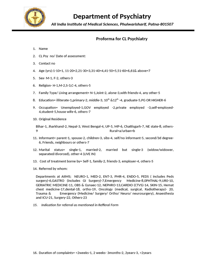 Proforma CL Psychiatry Newest | PDF | Mental Disorder | Psychosis