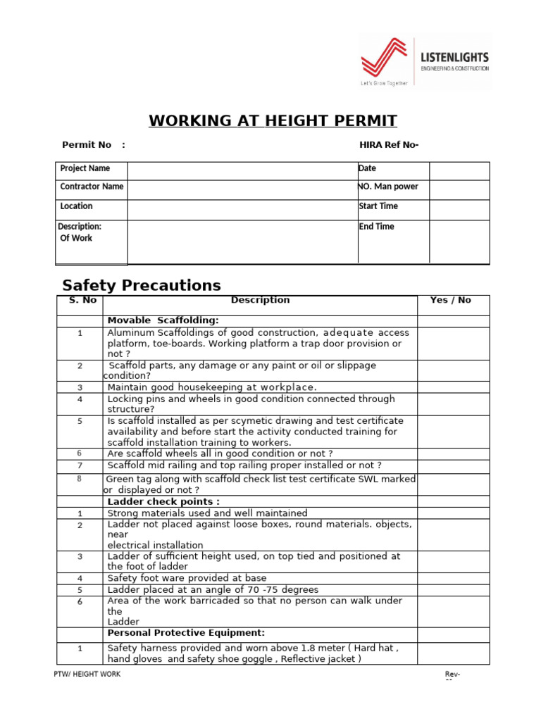 Work at Height Permit Format -R1 (4) | PDF | Safety