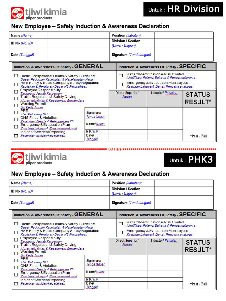 Form Declaration of Safety Induction & Awareness (1) | PDF