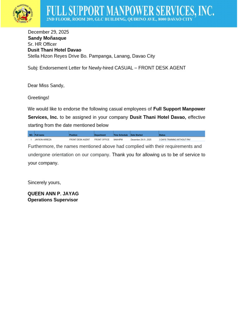 December 29, 2025 - Endorsement Letter for Deployment | PDF