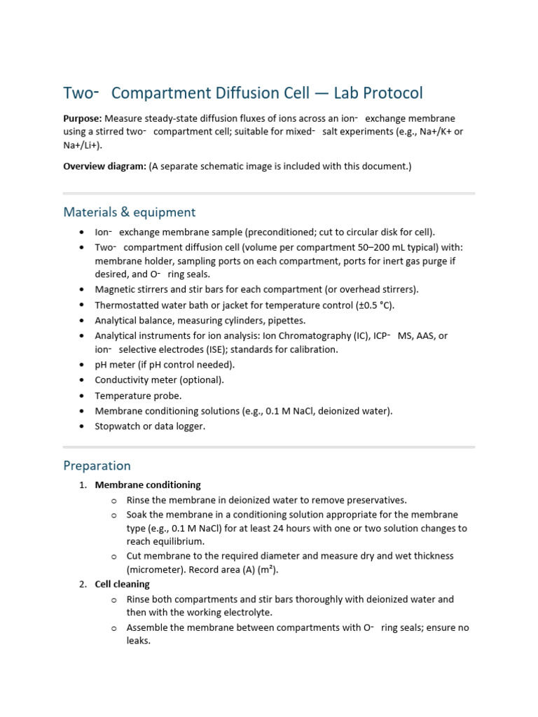 Two-Compartment Diffusion Cell - Lab Protocol | PDF | Diffusion | Chemistry