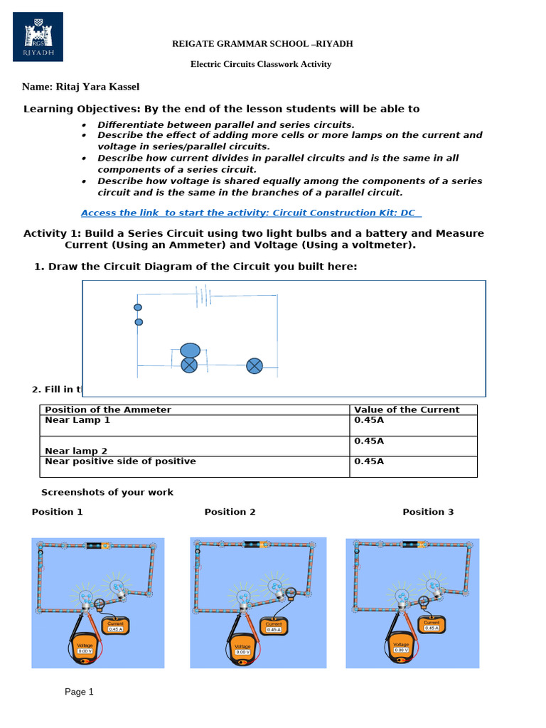 Electric Circuits Practical-Activity Sheet | PDF | Series And Parallel ...