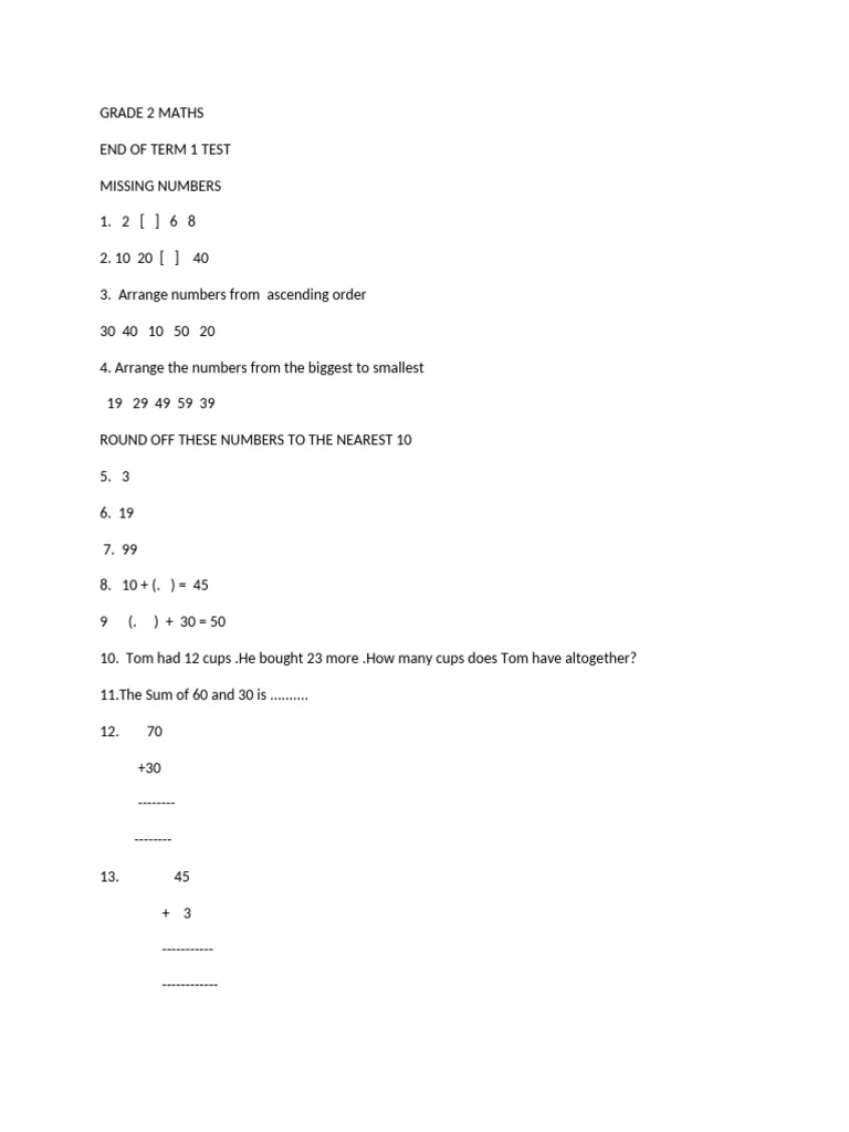 Maths Test Grade 2 | PDF