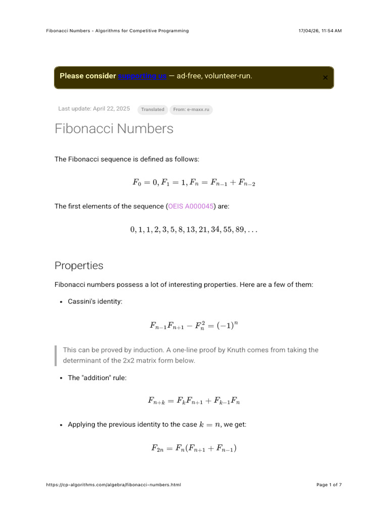 Fibonacci Numbers - Algorithms for Competitive Programming | PDF ...