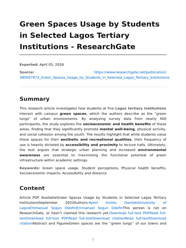Green Spaces by Students iN Lagos | PDF
