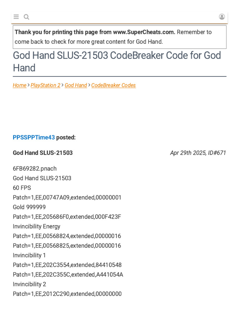 God Hand SLUS-21503 CodeBreaker Codes For God Hand On PS2 | PDF | Video ...