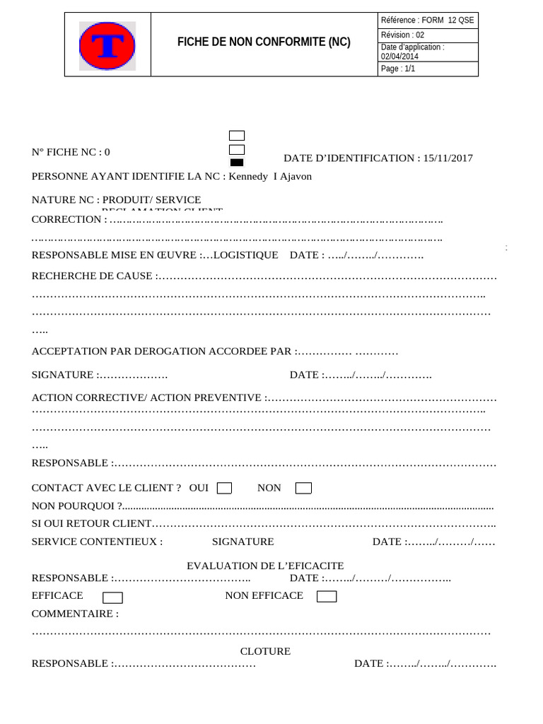 Fiche de Non Conformitship. 2017 | PDF
