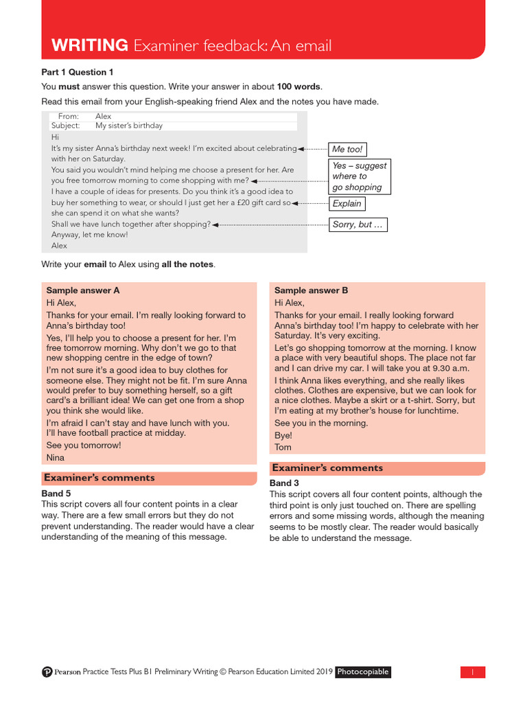 PTP B1 Prel Writing Sample Feedback | PDF