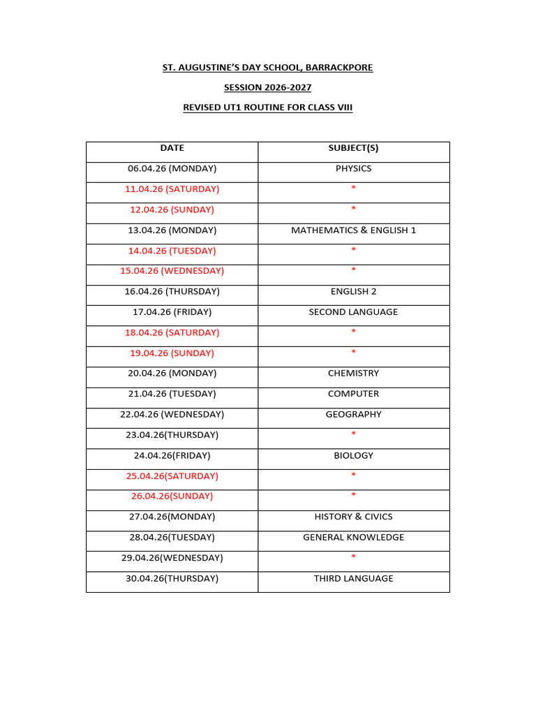 2026-2027 Revised Ut1 Routine for Class 8 | PDF