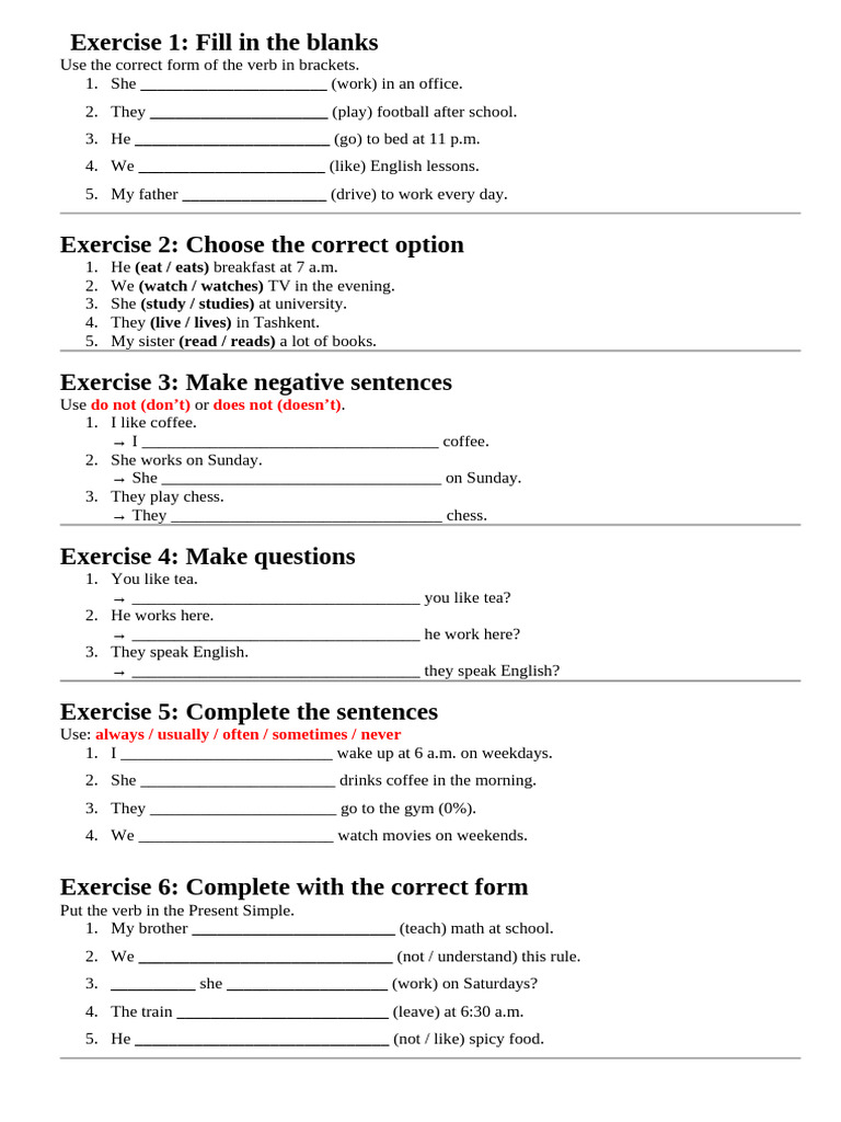 Present Simple Mock Test | PDF