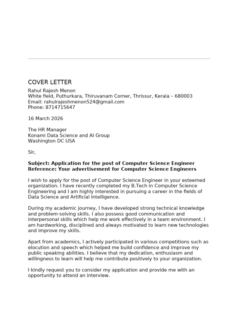 Cover Letter | PDF | Computer Science | Skill