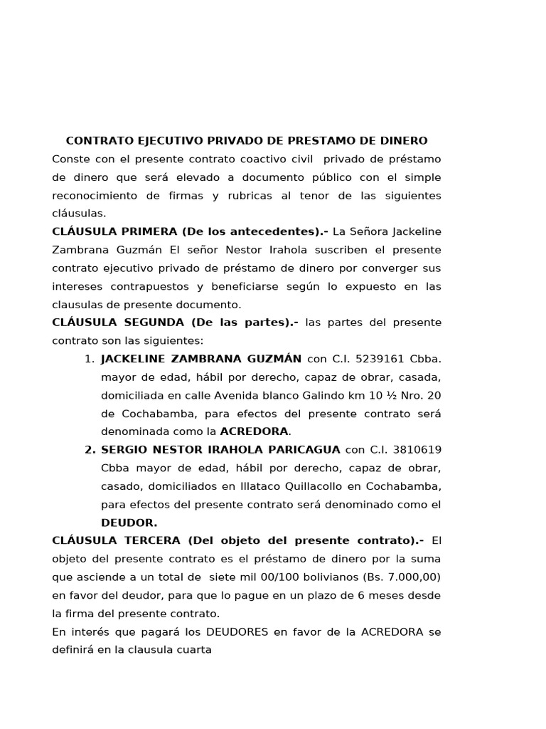 Contrato Ejecutivo Privado de Prestamo de Dinero Irahola | PDF | Pagos