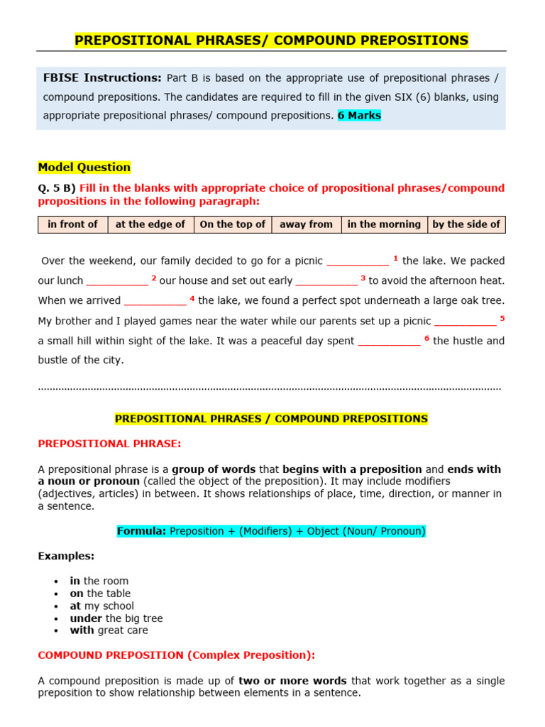 1770088914 Prepositional Phrases Compound Prepositions | PDF | Word | Noun