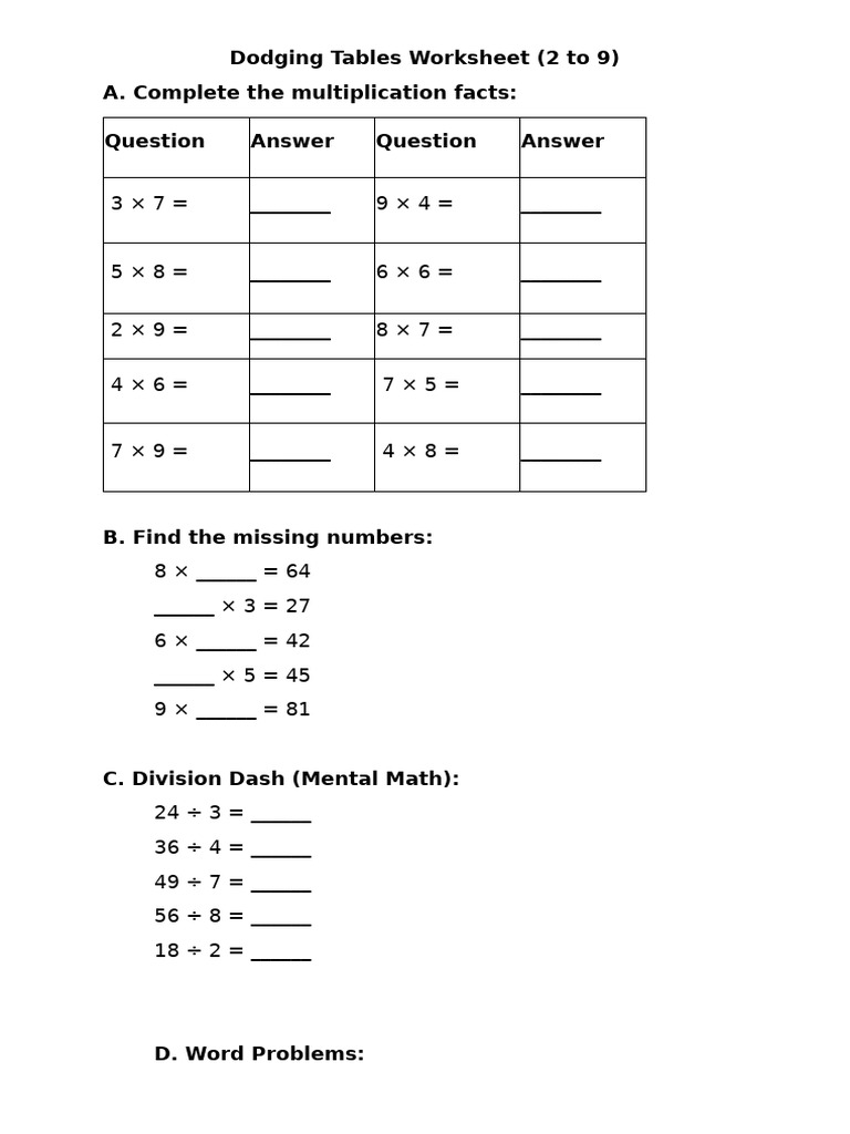 Dodging Tables Worksheet | PDF