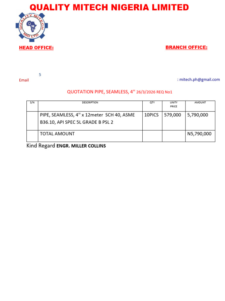 Quotation Pipe, Seamless, 4'' | PDF