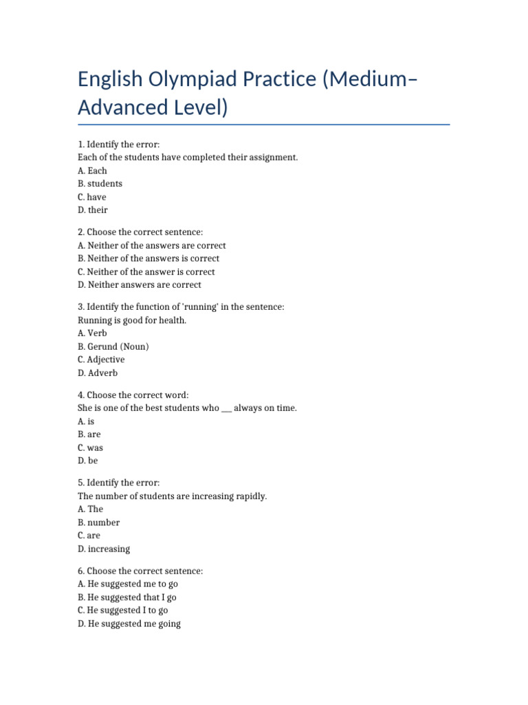 English Olympiad Medium Advanced | PDF | Adverb | Language Mechanics