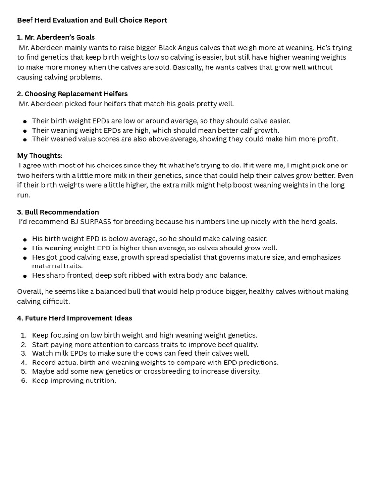 Beef Herd Evaluation and Sire Selection Statement 1. Mr. Aberdeen’s ...