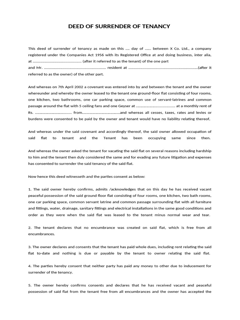 Deed of Surrender of Tenancy | PDF | Leasehold Estate | Lease