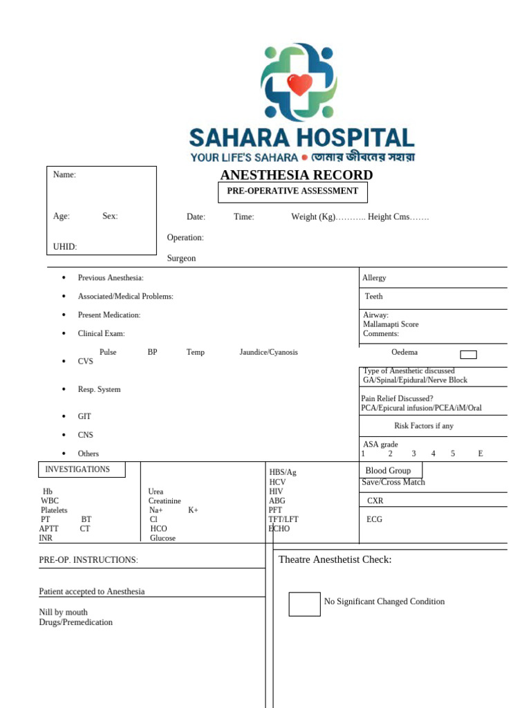 1.anesthetic Assessment Form | PDF | Anesthesia | Diseases And Disorders