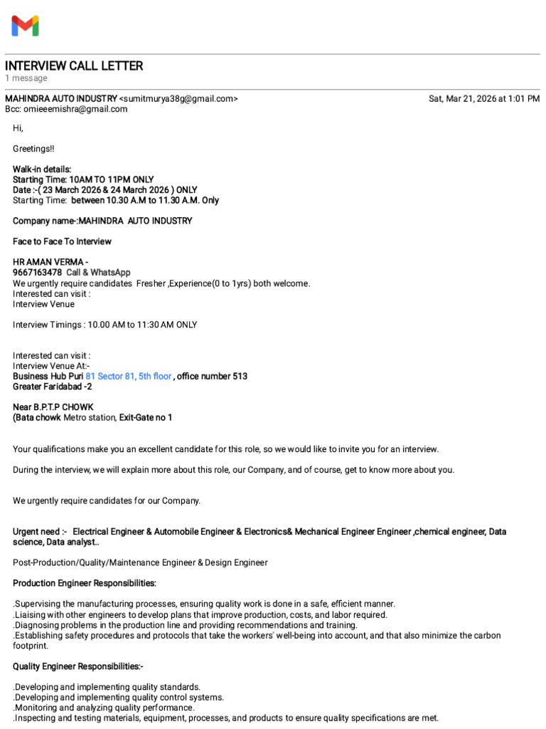 Gmail - INTERVIEW CALL LETTER | PDF | Business