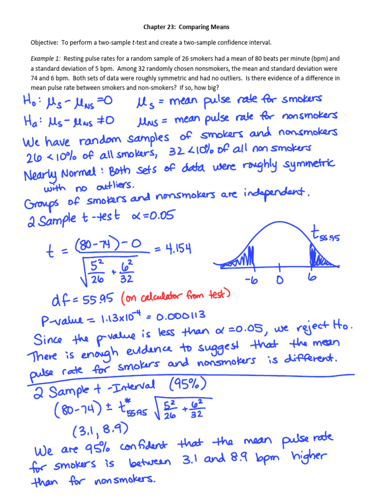 Chapter 23 Notes Comparing Means (Completed) | PDF