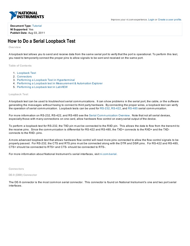 How To Do A Serial Loopback Test Developer Zone National