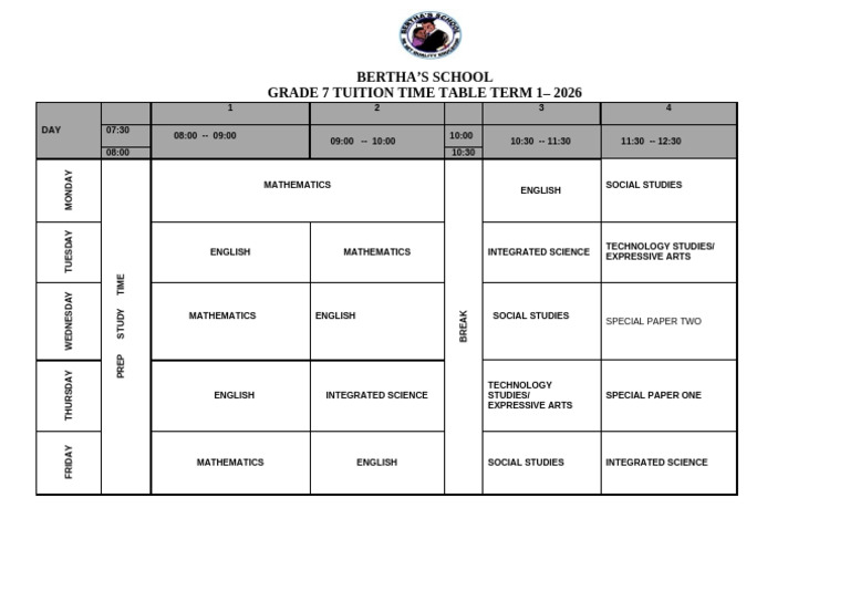 Grade 7 Tuition Time Table Term 1 2026 | PDF