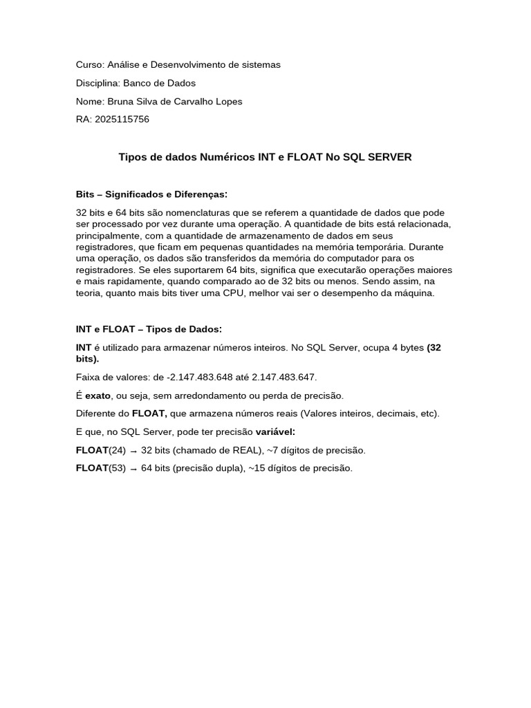 Tipos de dados Numéricos INT e FLOAT No SQL SERVER | PDF