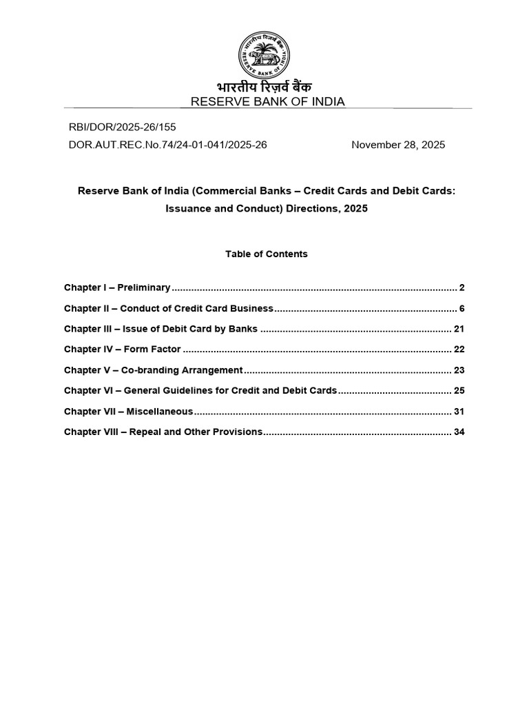 RBI MD (Commercial Banks – Credit Cards and Debit Cards Issuance and ...