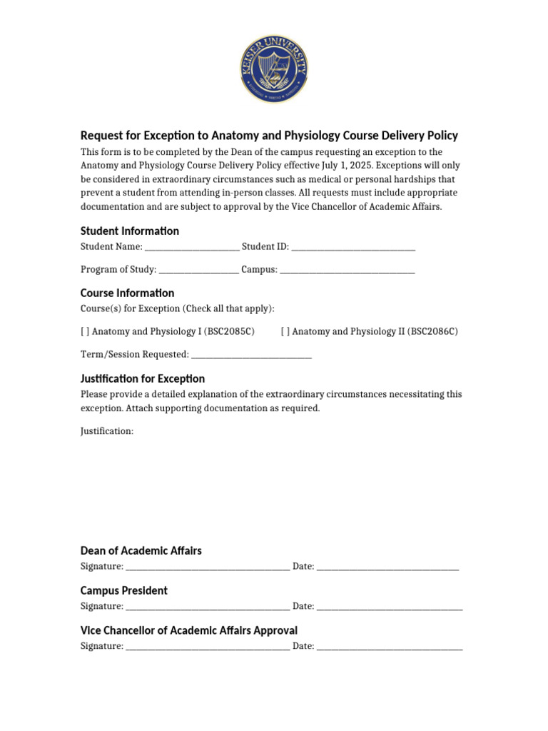 Anatomy Physiology Exception Waiver Form 7-8-2025 | PDF