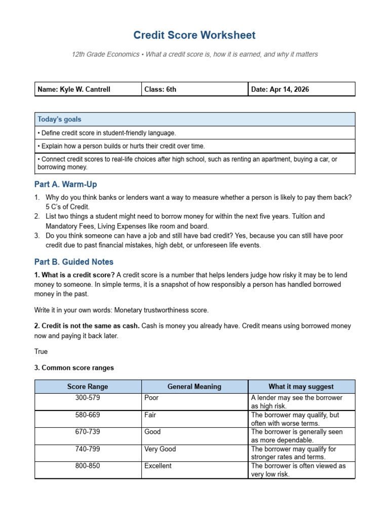 KYLE CANTRELL - Credit_score_worksheet.docx | PDF | Credit | Finance ...