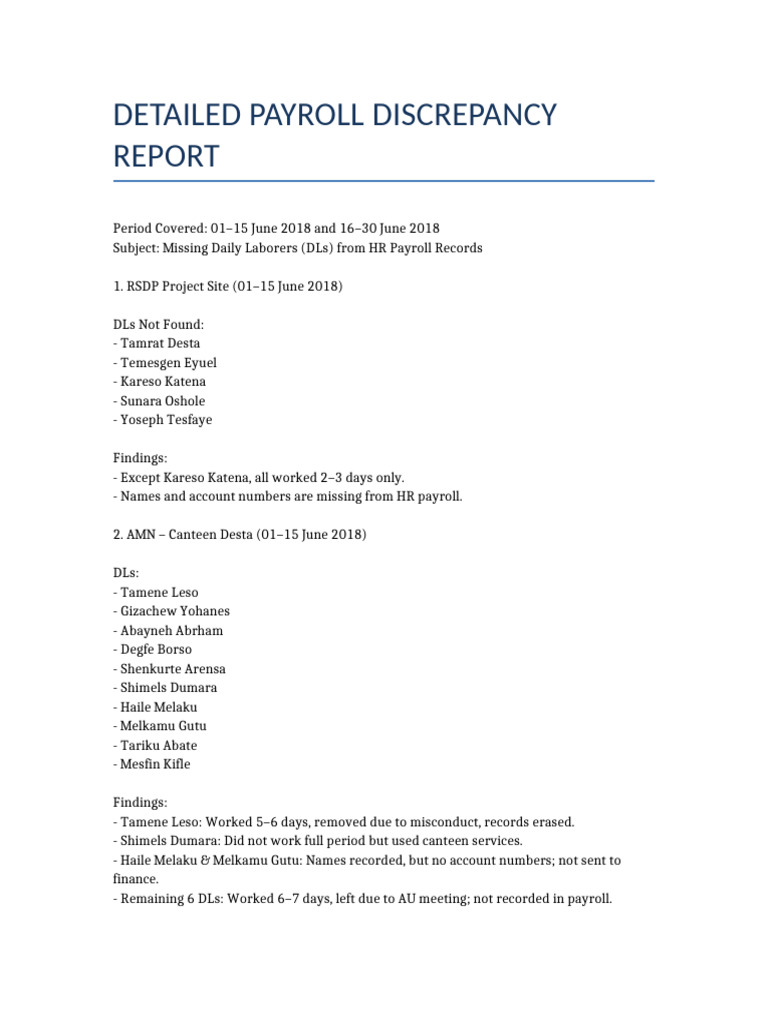Payroll Discrepancy Report (የካቲት ወር) | PDF