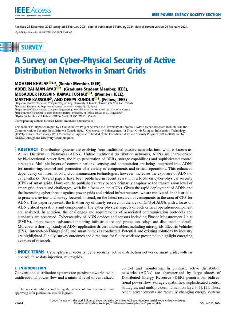 A Survey on Cyber-Physical Security of Active Distribution Networks in ...
