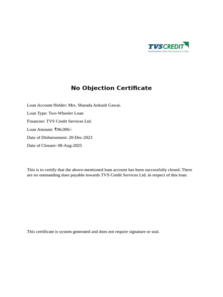 No Objection Certificate Tvs | PDF