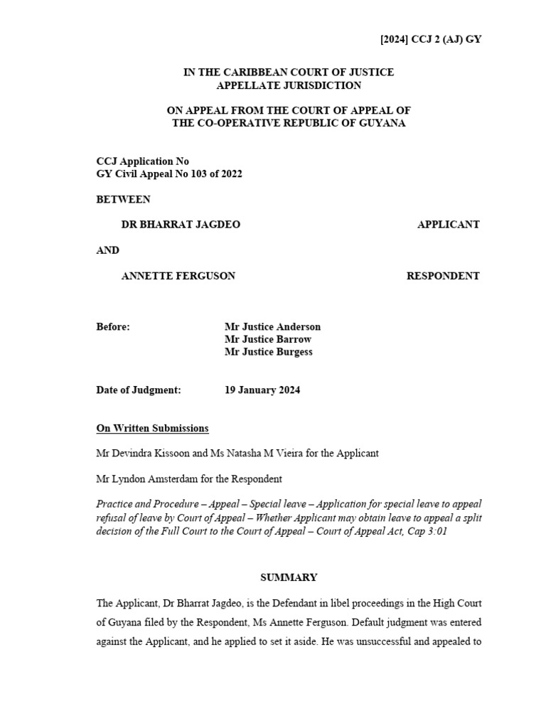 DR Bharrat Jagdeo V Annette Ferguson (2024) CCJ 2 (AJ) GY | PDF ...