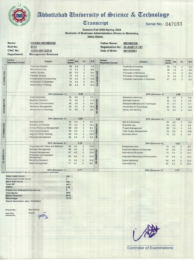 Bachelor Transcript | PDF
