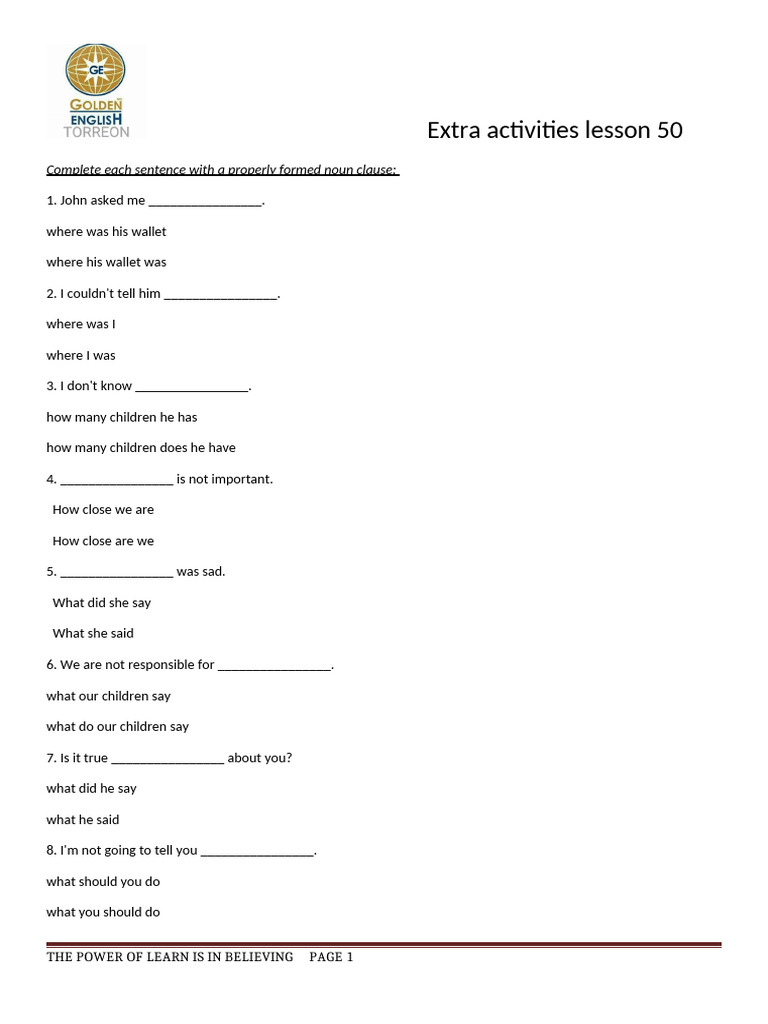 Extra activities lesson 50 | PDF | Adverb | Adjective