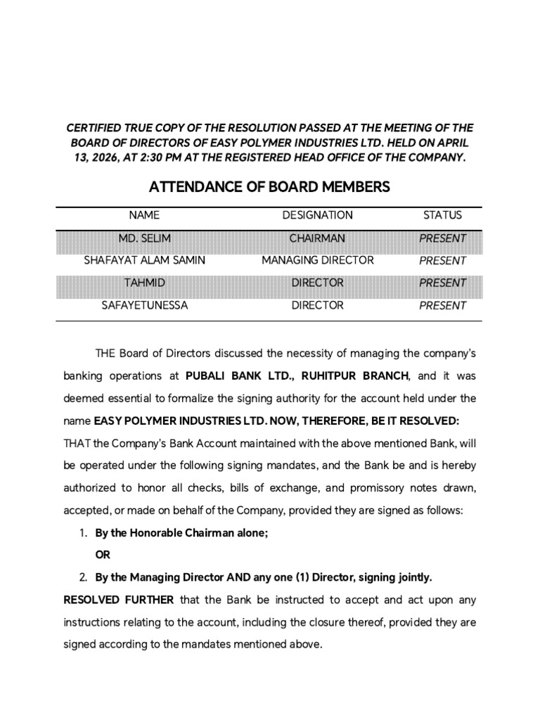 Resolution - Board of Directors of Easy Polymer | PDF
