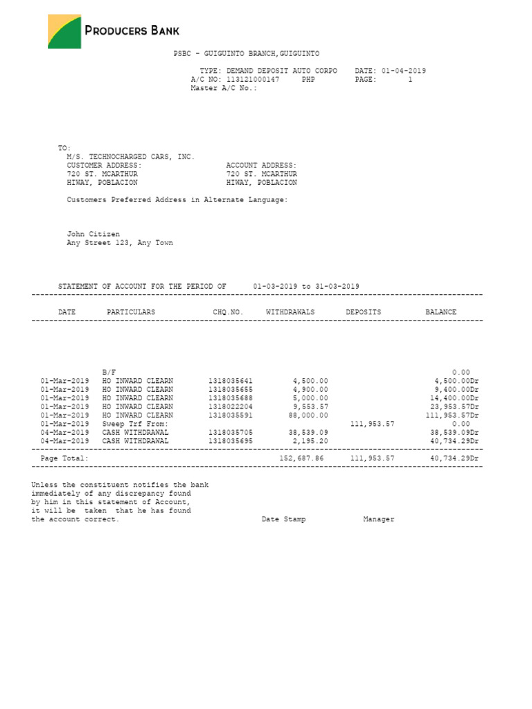 Philippines Producers Bank Statement Word and PDF Template, 2 Pages ...