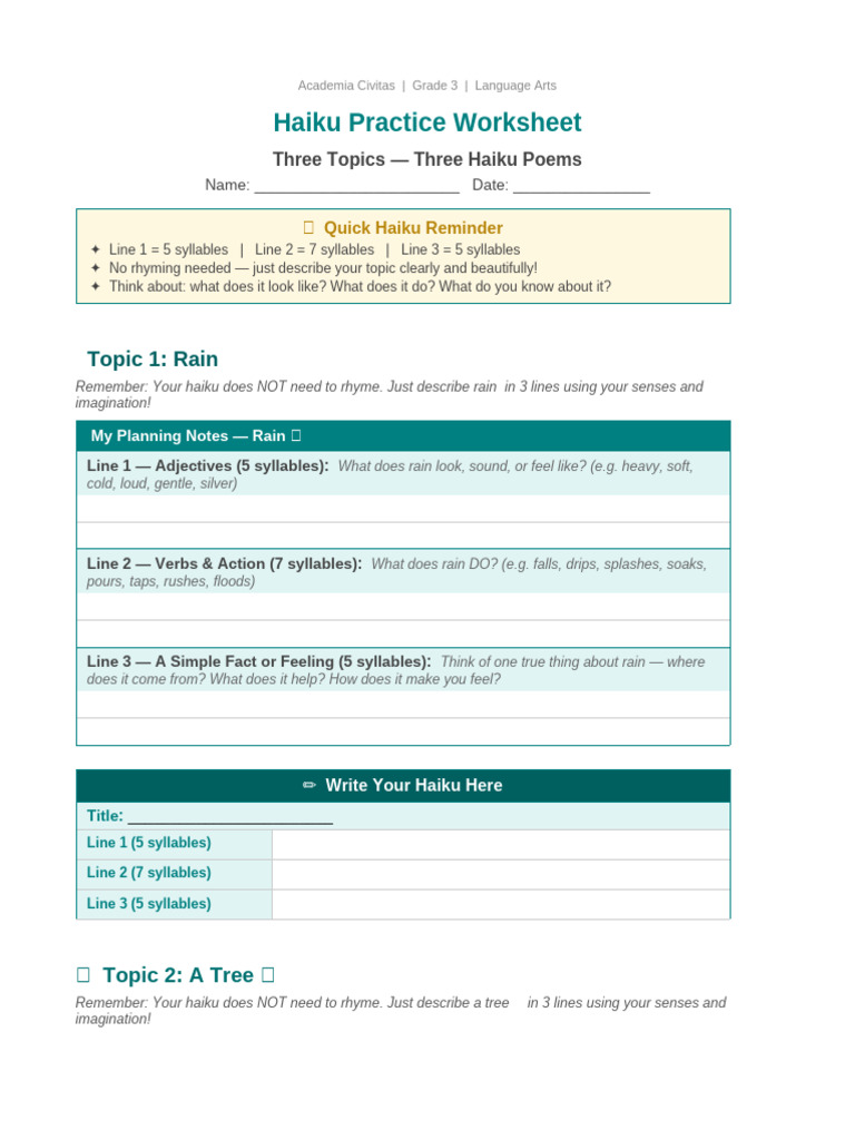 Haiku Practice Worksheet | PDF | Linguistic Morphology | Languages