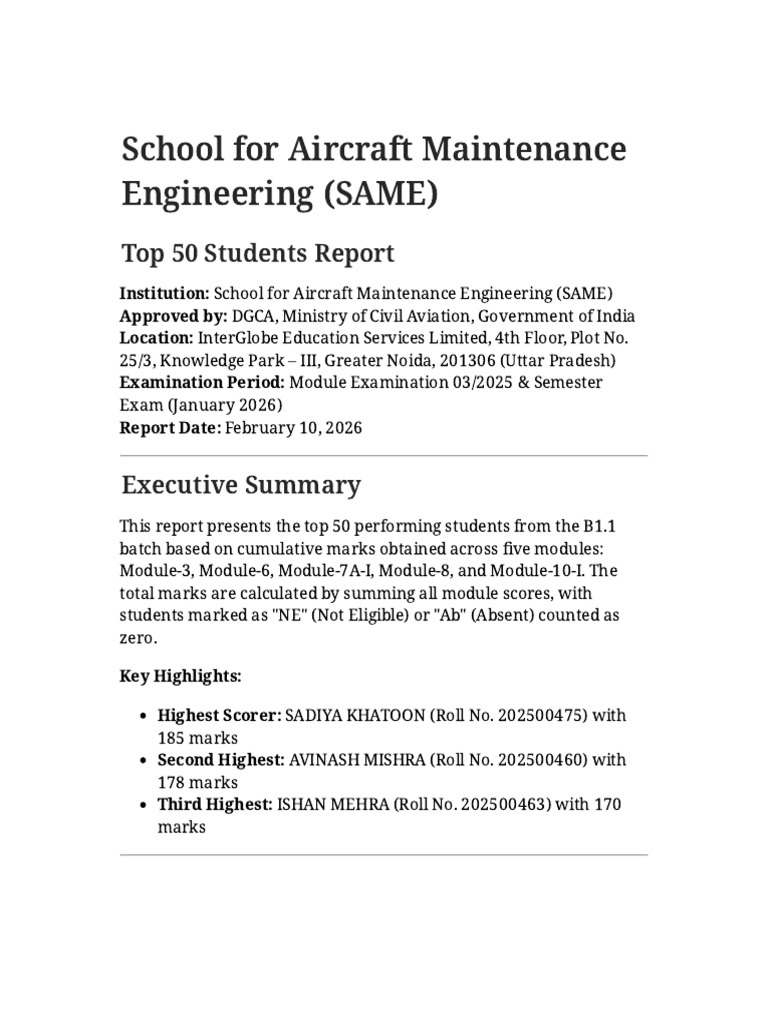 Top 50 Students Report | PDF