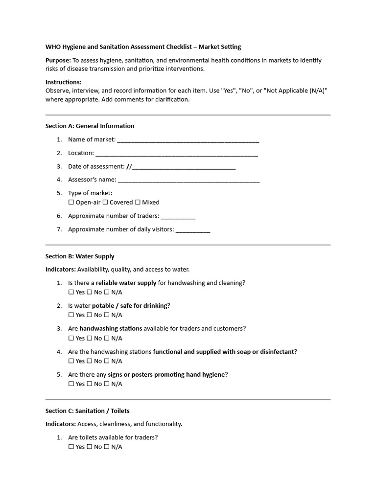 WHO Hygiene and Sanitation Assessment Checklist | PDF | Hygiene | Hand ...