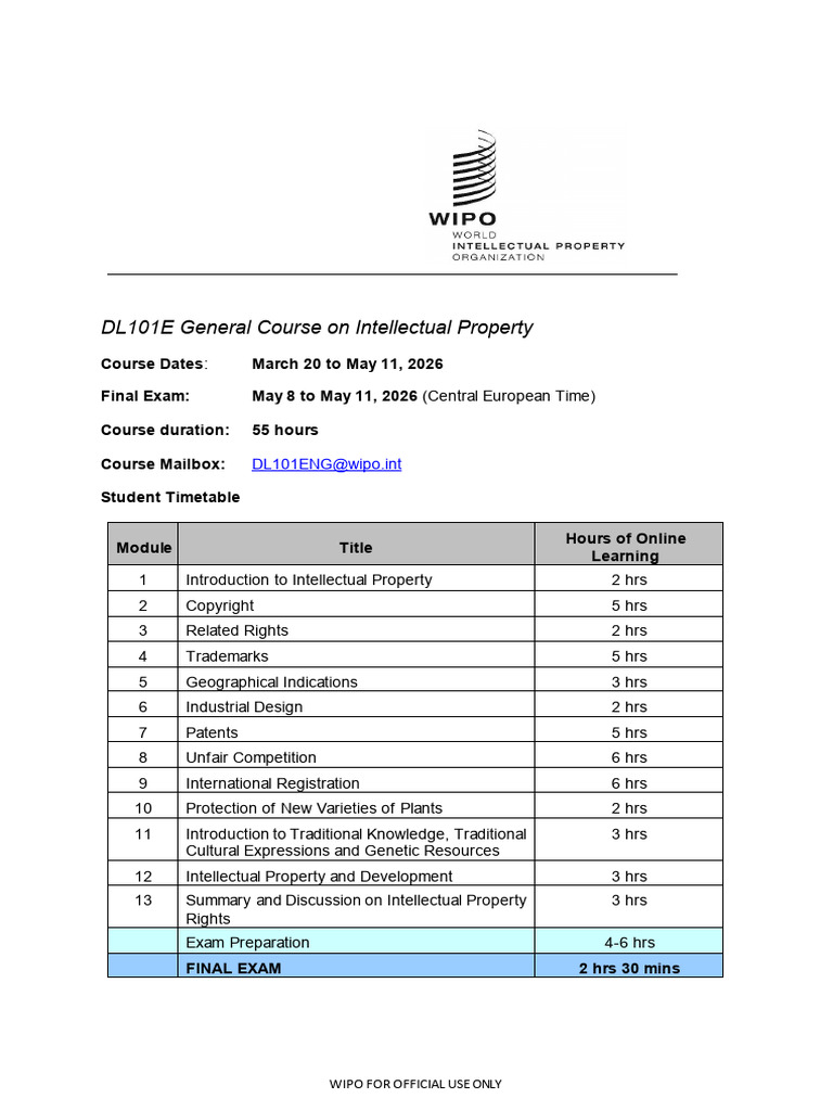 Student Timetable DL101E General Course on Intellectual Property | PDF