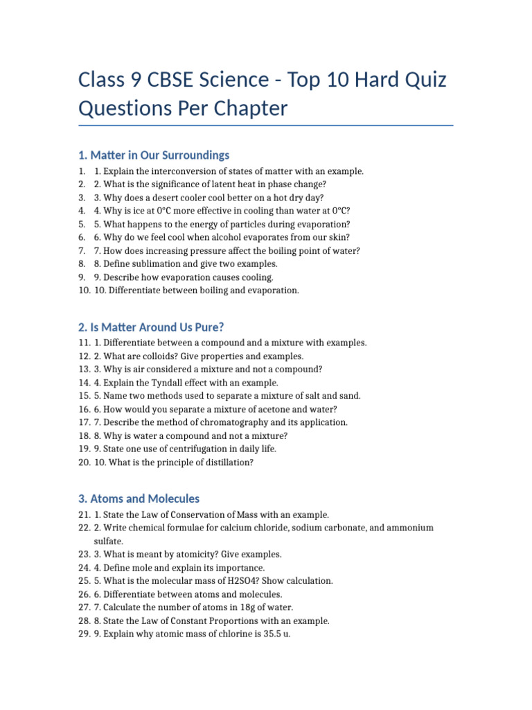 Class 9 Science Quiz Questions | PDF | Atoms | Cell (Biology)