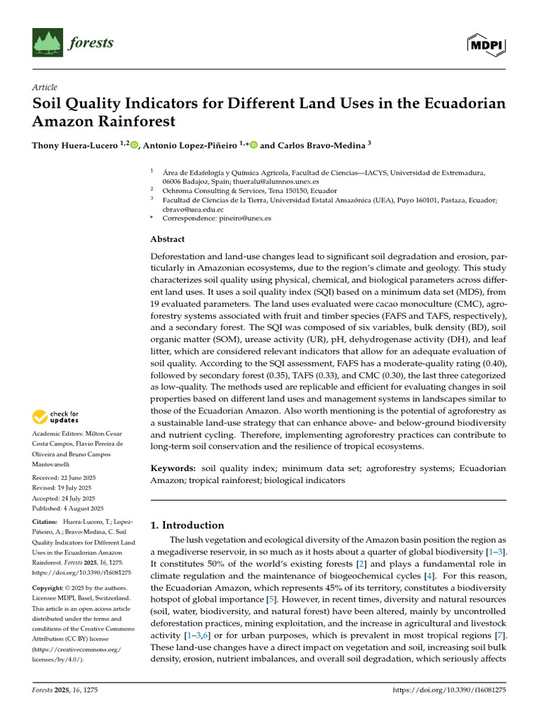 Soil Quality Indicators for Different Land Uses in the Ecuadorian ...